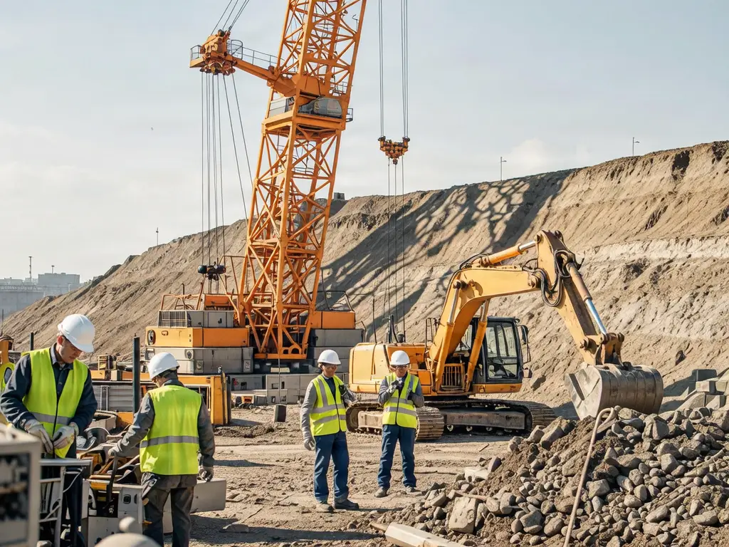 Construction site with heavy machinery and workers in high-visibility vests